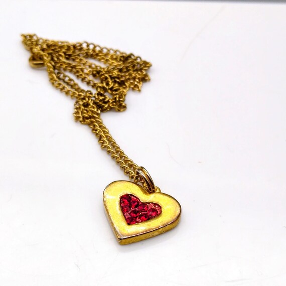 Sparkling Heart Pendant Necklace, Vintage Gold Tone Red Pave