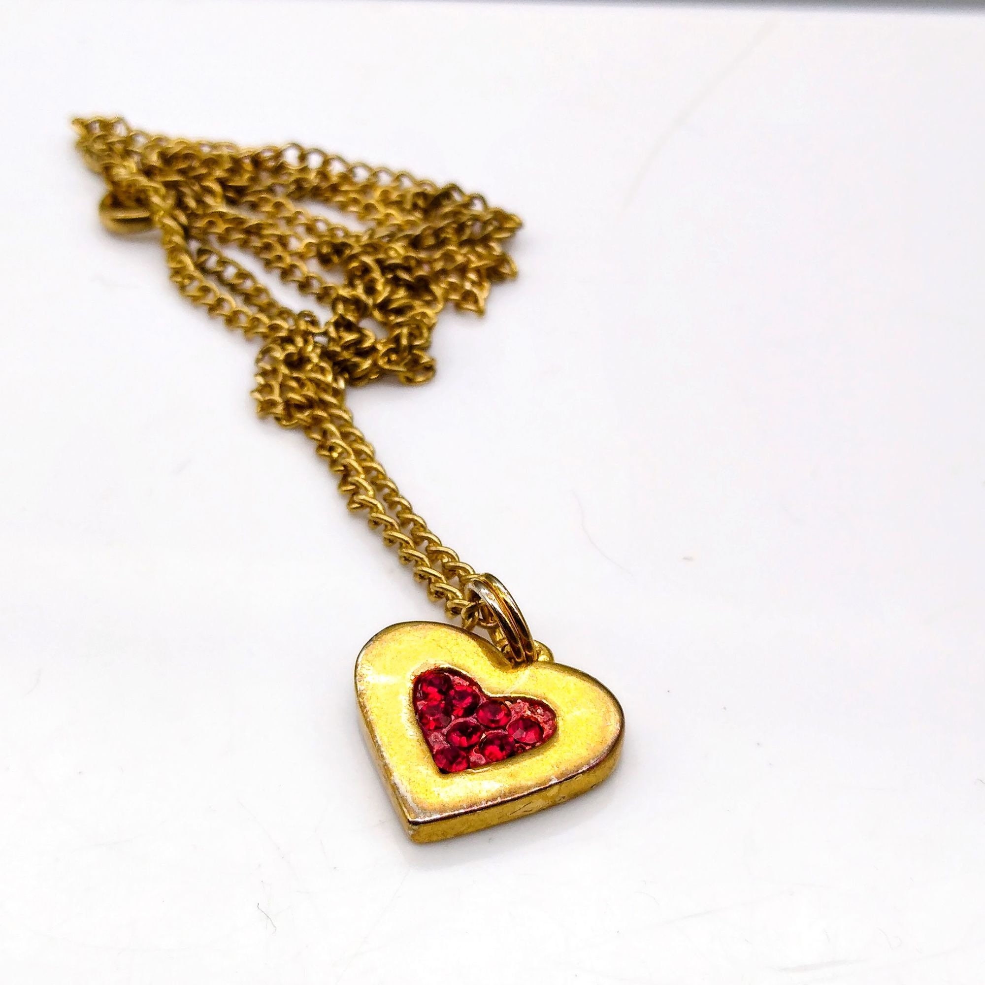 Sparkling Heart Pendant Necklace, Vintage Gold Tone Red Pave