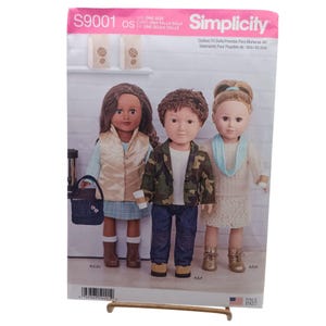 May include: Simplicity sewing pattern S9001 for doll clothes. The pattern features three dolls wearing various outfits, including a vest, a camouflage jacket, and a dress. The pattern is for 18-inch dolls, since 1927.