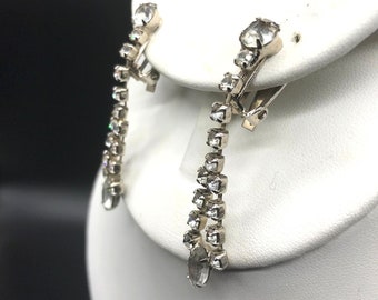 Vintage Long Crystal Drop Earrings, Clip On Glam, Wedding Sparkle, Prong Set Rhinestones