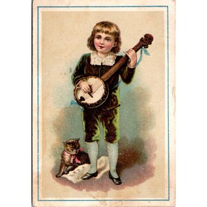 Vintage Hallett und Custon Klaviere Werbung Handelskarte mit Banjo spielendem Kind & Katzenillustration, McKannon Bros Burlington Vermont
