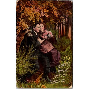 Cartolina romantica d'epoca del 1905 con citazione di coppia e amore