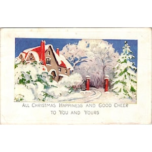 Postal navideña vintage con escena de cabaña nevada y mensaje festivo