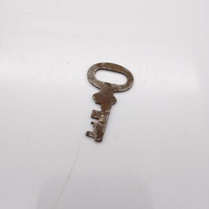 May include: A rusty, antique key with an oval handle and a series of teeth. The key is made of metal and has a worn, aged appearance. The key is likely used for opening a lock.