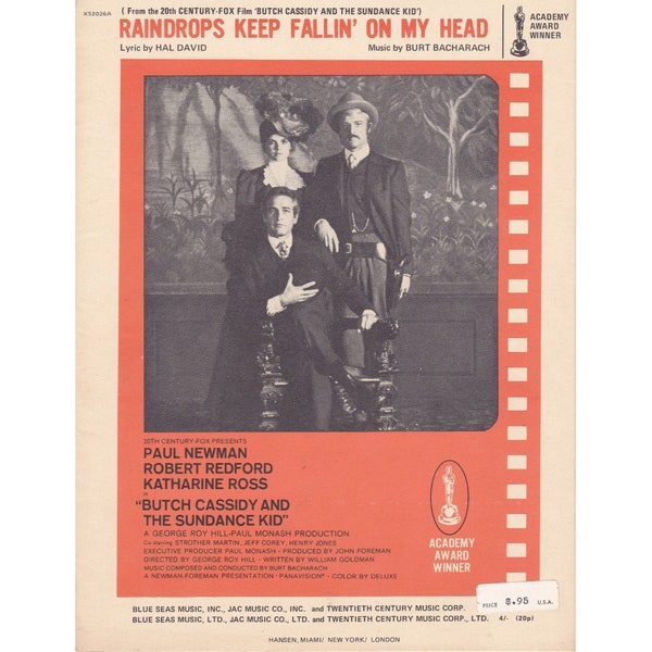 Vintage Sheet Music, Raindrops Keep Fallin on My Head by David and Bacharach, 1969 20th Century Fox Butch Cassidy and the Sundance Kid Music