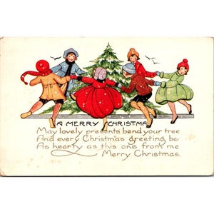 Postal navideña vintage de 1924 con niños, sello de 1 centavo de Whitney, saludos navideños, efímera coleccionable