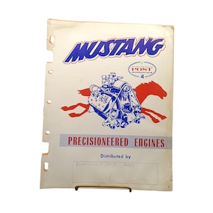 May include: Vintage Mustang Precisioneered Engines advert. The page shows the word "MUSTANG" in blue, a blue and white engine illustration, and a red running horse. The text "PRECISIONEERED ENGINES" is also visible.