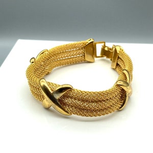 Retro Golden Mesh Bracelet with Polished X Stations, Gold Tone Vintage Chic Bangle