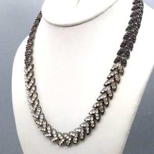 Vintage Iced Out Chevron Chain Necklace, Heavy Repeating Arrow Choker in Silver Tone with Clear Crystal Laurel