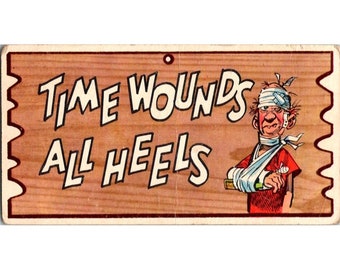 Vintage Novelty Postcard, Time Wounds All Heels 18 Wacky Plak Comic Jack Davis 1959, Unsent Divided Back Collectible Trading Card