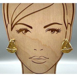 Vintage Unique Sailboat Earrings, Gold Tone Chunky Modeled Statement Clip Ons, Summer Yacht Runway Couture