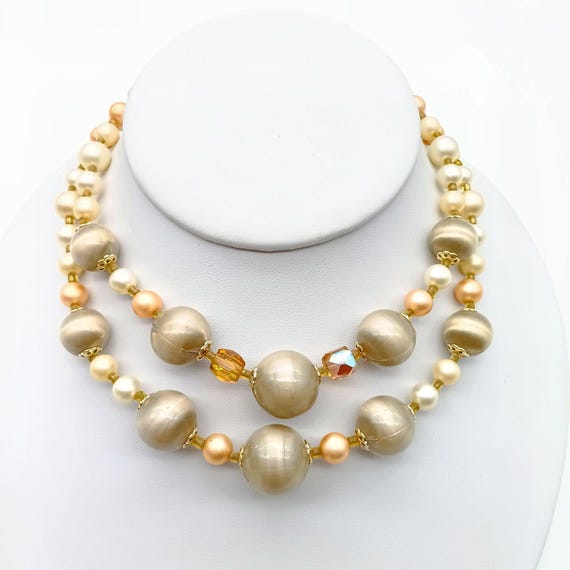 Vintage Double Strand Faux Pearl Choker Necklace With Gold Accents