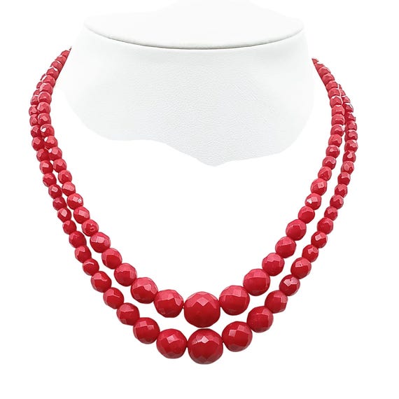 Vintage Double Strand Red Czech Glass Beaded Necklace With 