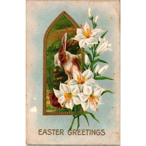 Cartolina di Pasqua vintage con coniglio e gigli, design in rilievo "Auguri di Pasqua", realizzata negli Stati Uniti.