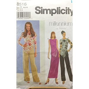 Può includere: Modello di cucito Simplicity Millennium con tre modelli di moda femminile. Il modello include un top floreale, un lungo vestito viola e un top a fantasia bianco e nero con pantaloni neri. Taglia H: 6, 8, 10.