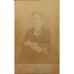 Antique Late 19th Century Sepia Portrait Photograph Woman In Dress With Floral Accessories