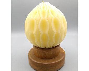 Round White Decorator Molded Candle on Wooden Stand