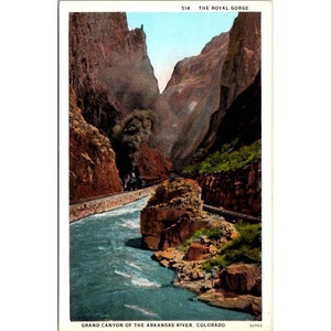 Carte postale vintage frontière blanche, Royal Gorge Denver et Rio Grande Western Railroad Colorado Grand Canyon de la rivière Arkansas