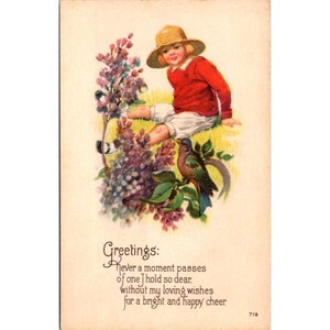 Carte postale antique de salutations de jardin K 718, petite fille au chapeau de paille avec des fleurs et un oiseau chanteur, dos divisé tôt non publié