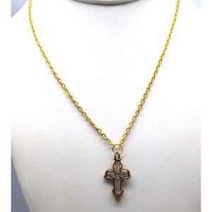 Vintage Cross Pendant Necklace with Baguette Crystals on Gold Tone Chain