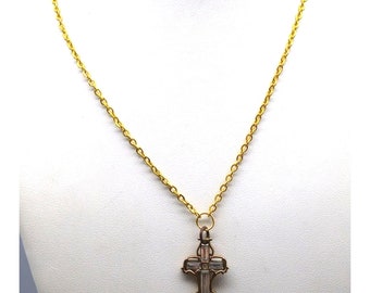 Vintage Cross Pendant Necklace with Baguette Crystals on Gold Tone Chain