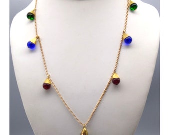 Capped Czech Glass Drop Bib Necklace, Colorful Teardrop Beads with Fluted Gold Tone Caps on Delicate Chain