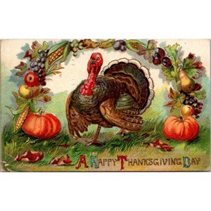 Cartolina d'epoca del Ringraziamento con disegno di tacchino e zucche
