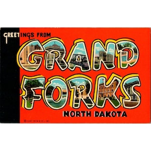Cartolina d'epoca di Grand Forks, North Dakota, di Curt Teich Co. Inc. Saluti da Grand Forks, illustrazione