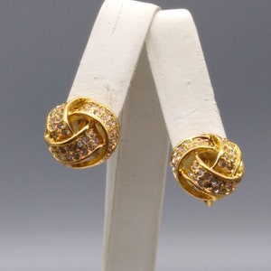 Vintage Pave Crystal Knot Earrings, Gold Tone Adjustable Clip Ons