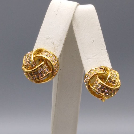 Vintage Pave Crystal Knot Earrings, Gold Tone Adj… - image 1