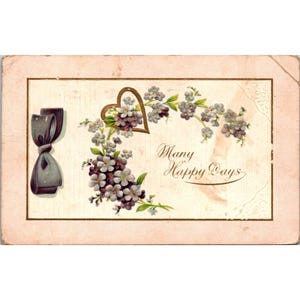 Cartolina floreale d'epoca "Many Happy Days", antica, dei primi anni del 1900, inviata da zia Martha, con timbro postale del 29 febbraio 1908. Francobollo da un centesimo degli Stati Uniti.