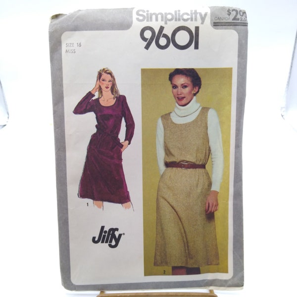 Vintage Sewing PATTERN Simplicity 9601, Jiffy Misses 1980 Pullover Dress or Jumper, Size 16
