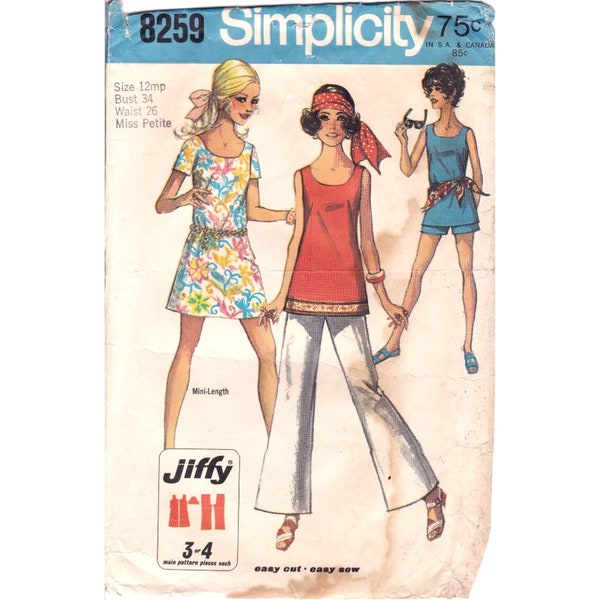 Vintage Sewing PATTERN Simplicity 8259, Jiffy Misses Petite 1969 Mini Dress or Top Bell Bottom Pants or Shorts, Size 12mp