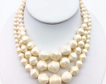 Collier Ras De Cou 3 Rangs Perles Baroques Nacrés - Bijou Vintage Années 70/80, Occasion