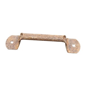 May include: A weathered, rusty metal handle with a rectangular bar and square-holed ends. The handle is a warm brown color, suggesting age and exposure to the elements. The design is simple and functional, likely for a cabinet or drawer.