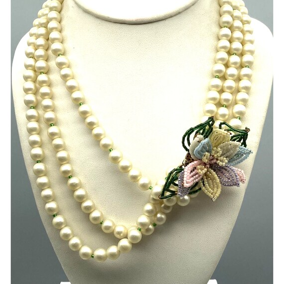 Vintage Triple Strand Floral Necklace, White Satin Finish Faux