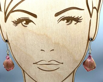 Vintage Pastel Dangle Earrings, Gold Tone with Pink Enamel Wash and Blush Crystal, Unique Coquette