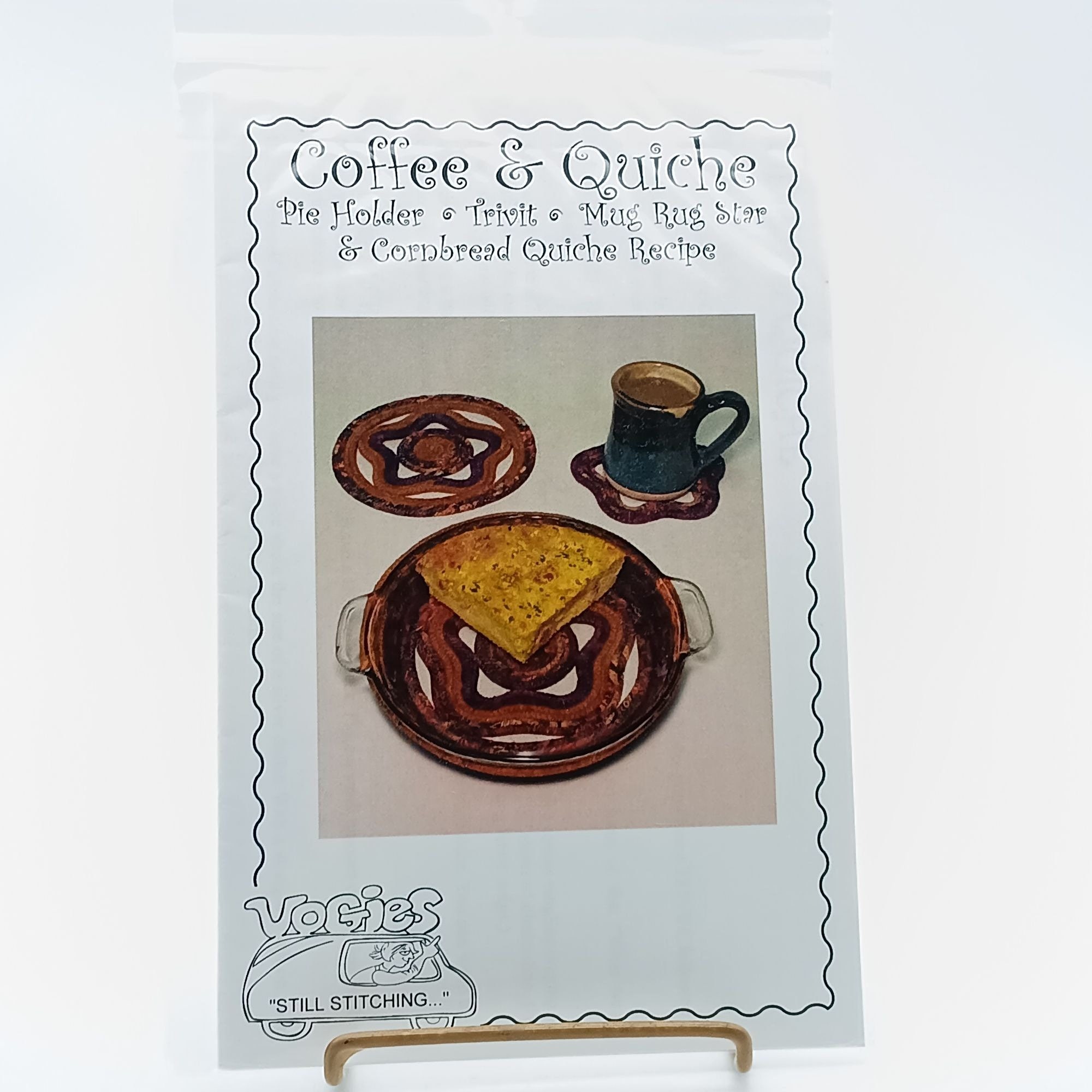 UNCUT Quilt Sewing Patterns, Coffee and Quiche Applique by June Vogltance, Vogies Pie Holder Trivit Mug Rug Star and Cornbread Quiche Recipe