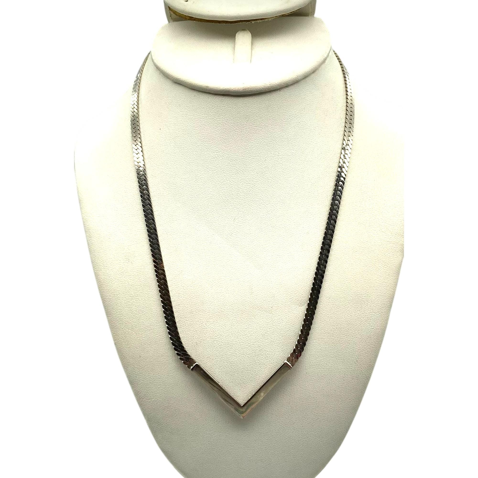 Vintage Avon Silver Tone V Necklace, Herringbone Chain Reversible