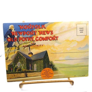 pliage de cartes postales en lin souvenir vintage, Norfolk Newport News Old Point Comfort Virginie environs Images des années 1930 Curt Ephemera voyage souvenir