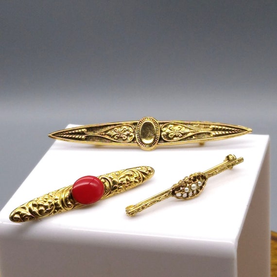 Vintage Brass Repousse Bar Lapel Collar Pins, Ele… - image 3