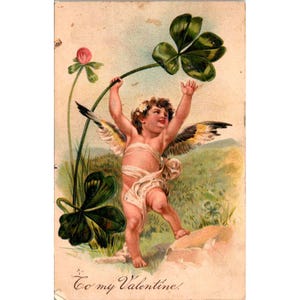 Carte postale vintage 1916 de la Saint-Valentin avec illustration d'un ange et d'un trèfle