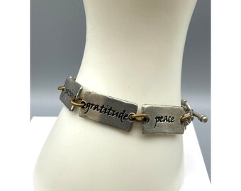 Vintage Two Tone Words Bracelet, Silver Tone and Brass Power Words Link Bangle, Love Trust Passion Gratitude Peace