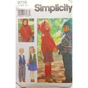 May include: Simplicity sewing pattern with children's clothing designs. The pattern shows a red hooded jacket, plaid skirt, vest, and trousers. The pattern number is 9778, with sizes AA 2,3,4.
