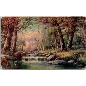 Cartão postal vintage com paisagem de riacho na floresta