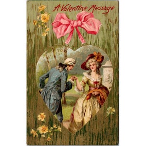 Carte postale ancienne à message en relief pour la Saint-Valentin, couple en cour avec noeud rose et dorure, âge d'or victorien