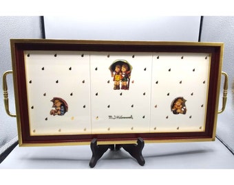 MIB Danbury Mint Serving Tray, vintage Goebel MJ Hummel "Stormy Weather", 23K Gold Tile and Wood, Hostess Collection