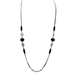 Vintage Silver and Green Beaded Long Chain Necklace with Ornate Filigree Accents