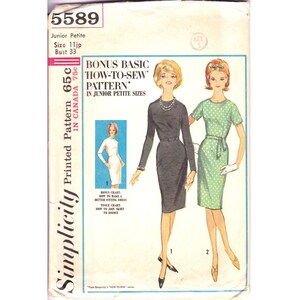 May include: Simplicity sewing pattern number 5589 for a junior petite size dress. The pattern includes instructions for a black dress with long sleeves and a green dress with short sleeves and a belt. The pattern is printed on a white background with black text.