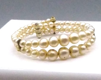 Vintage Baby Jewelry Infant Bracelet, Graduated Double Row Glass Pearls, Beaded Memory Wire Cuff